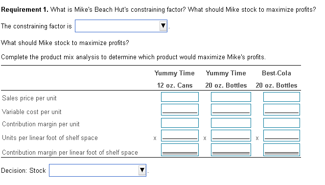cans, number of Yummy Time bottles, number of Best-Cola bottles Decision: Stock-