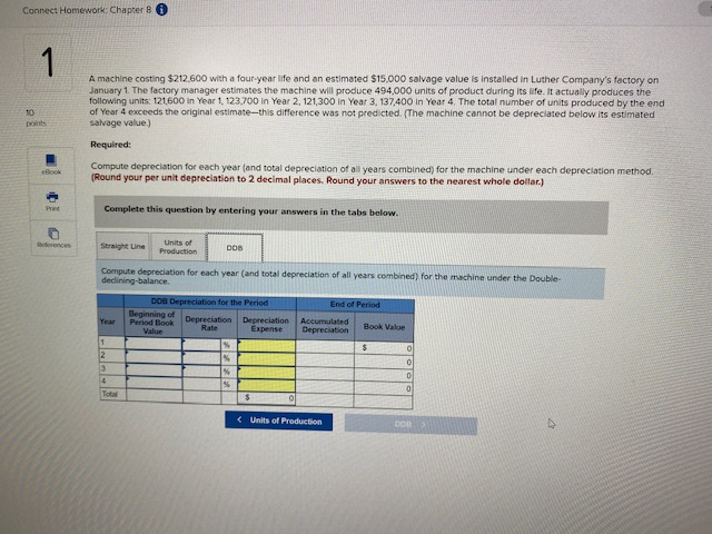  Connect Homework: Chapter 8 A machine costing $212,600 with a four
