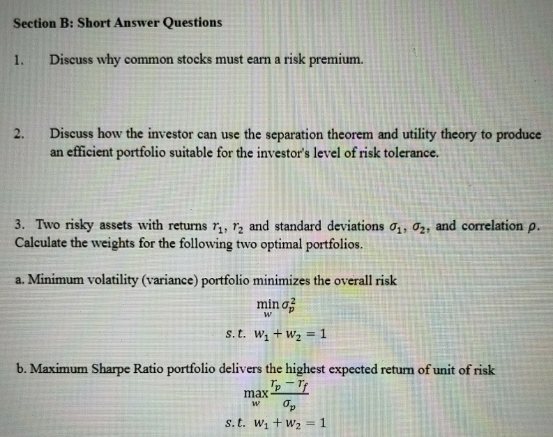  Section B: Short Answer Questions 1. Discuss why common stocks must