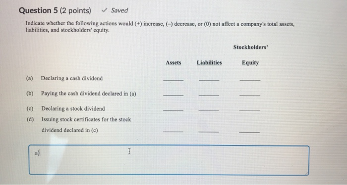  Question 5 (2 points) Saved Indicate whether the following actions would