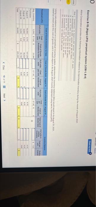 please add steps o Exercise 8-15 (Algo) LIFO perpetual system (LOB-1,8-4) Altra