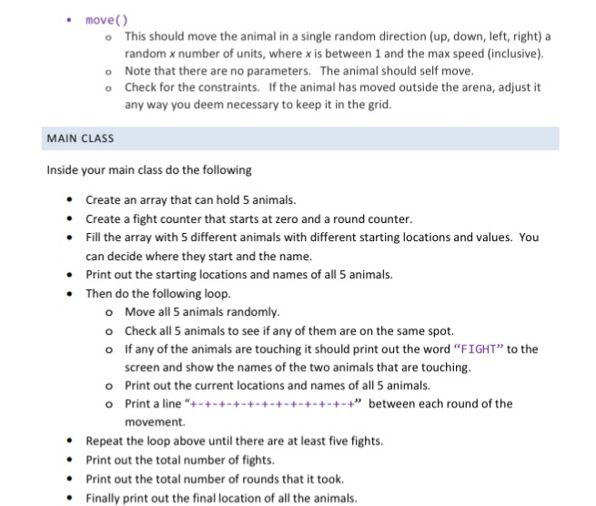 class. Each animal has a name, an x and y integer coordinate