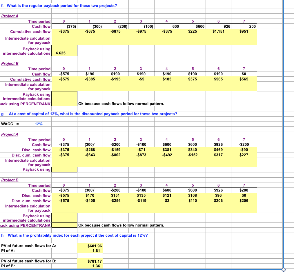  f. What is the regular payback period for these two projects?