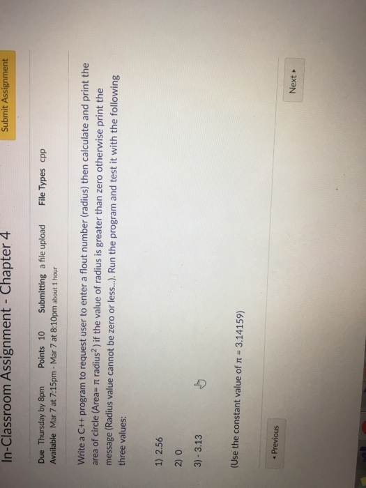  Submit Assignment In-Classroom Assignment - Chapter 4 Due Thursday by 8pm