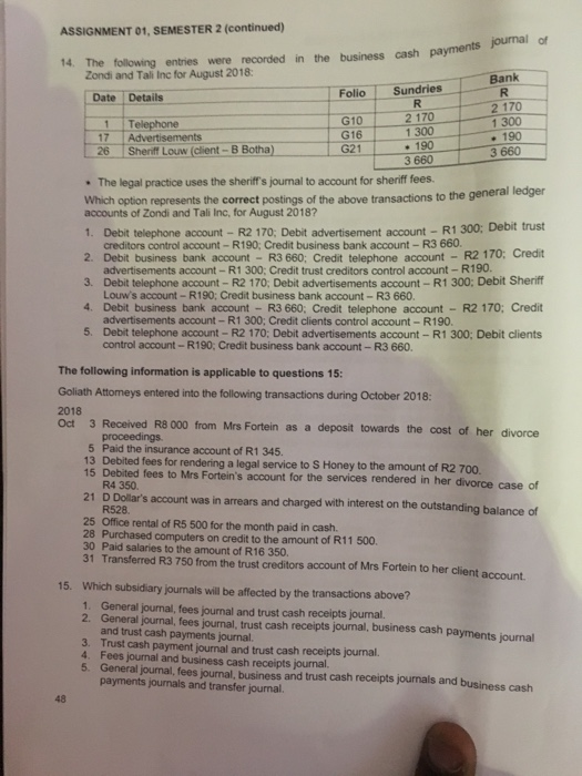 this assignment on a mark-reading sheet or submit it via the Unisa