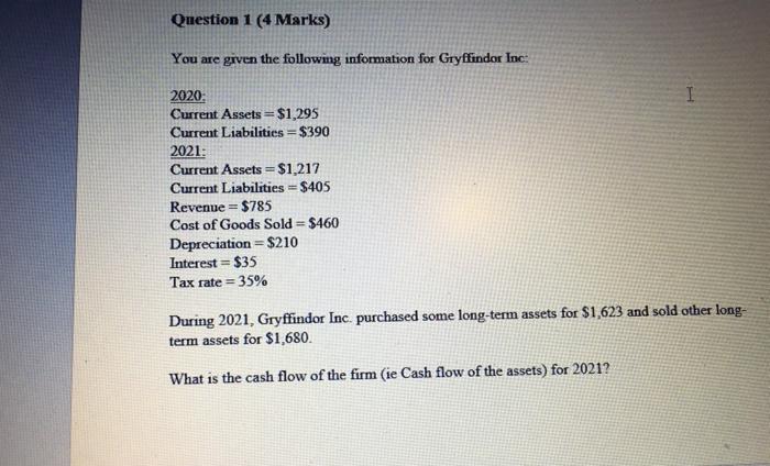  Question 1(4 Marks) You are given the following information for Gryffindor