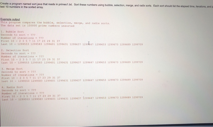  Create a program named sort java that reads in primes1.bit Sort