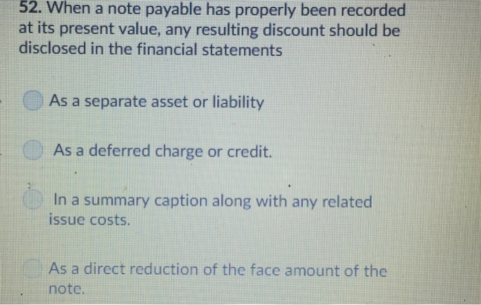  52. When a note payable has properly been recorded at its