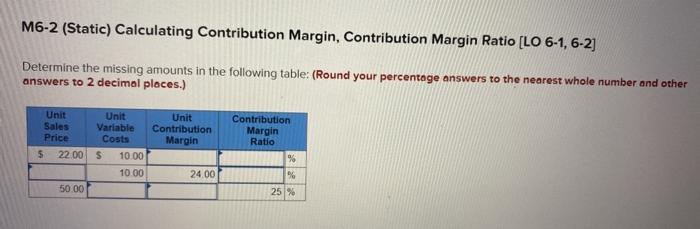  M6-2 (Static) Calculating Contribution Margin, Contribution Margin Ratio (LO 6-1, 6-2)