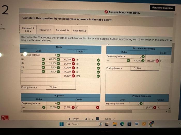T-accounts the effects of each transaction for Alpine Stables in April, referencing