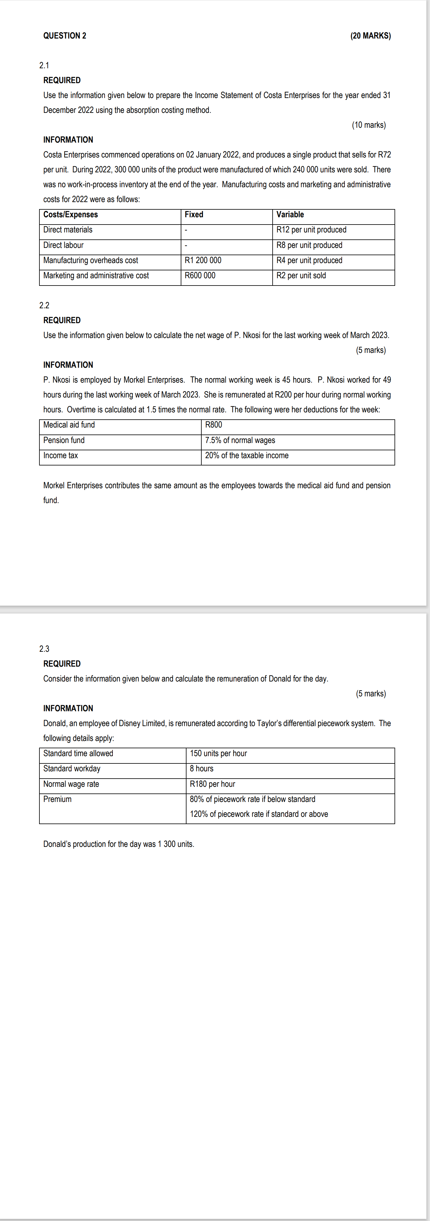 2.1 REQUIRED Use the information given below to prepare the Income
