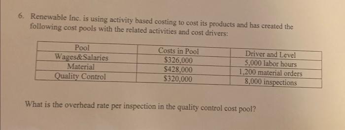  6. Renewable Inc, is using activity based costing to cost its