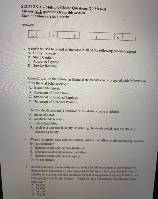  SECTION A-Multiple Choice Questions (20 Marks) Answer ALL questions from this