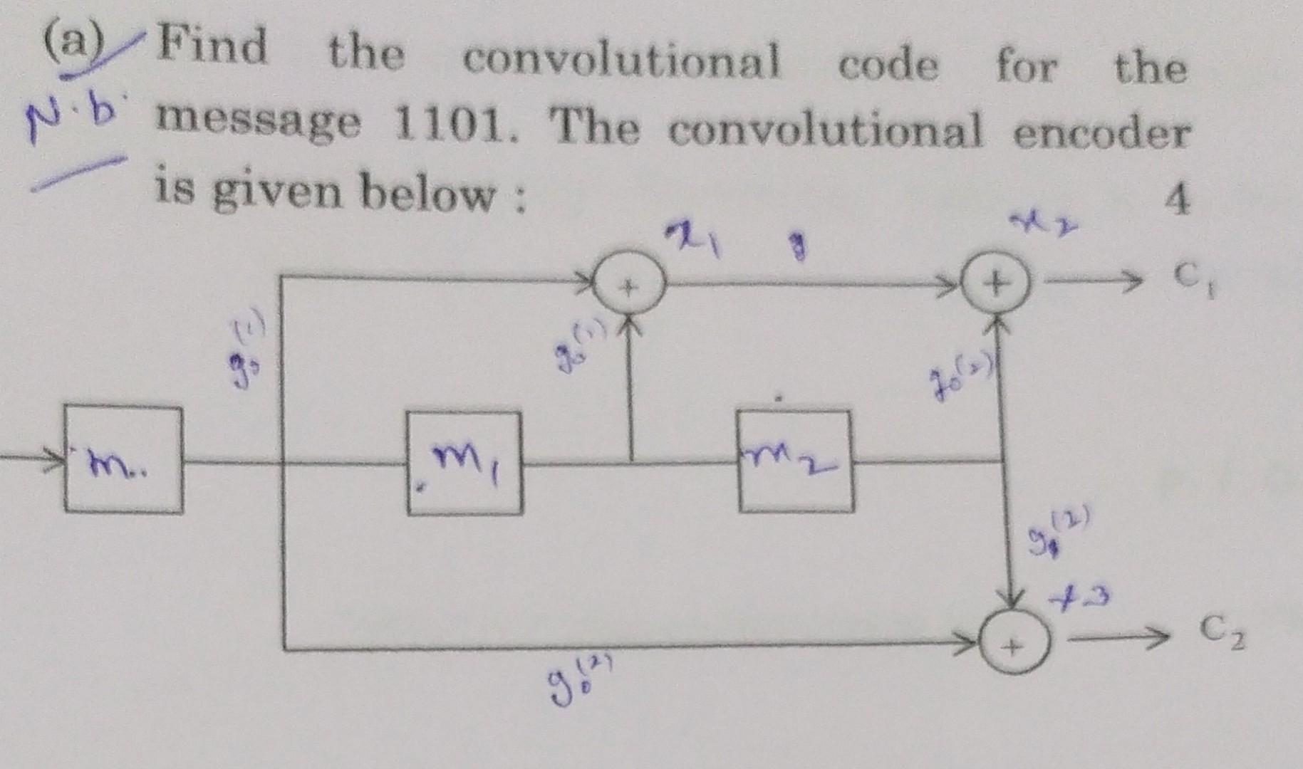 (a) Find the convolutional code for the N.b message 1101. The