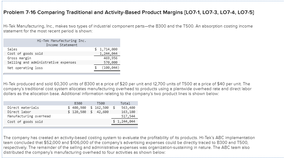 Problem 7-16 Comparing Traditional and Activity-Based Product Margins [LO7-1, L07-3, LO7-4,