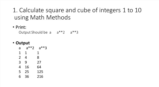  using JAVA 1. Calculate square and cube of integers 1 to