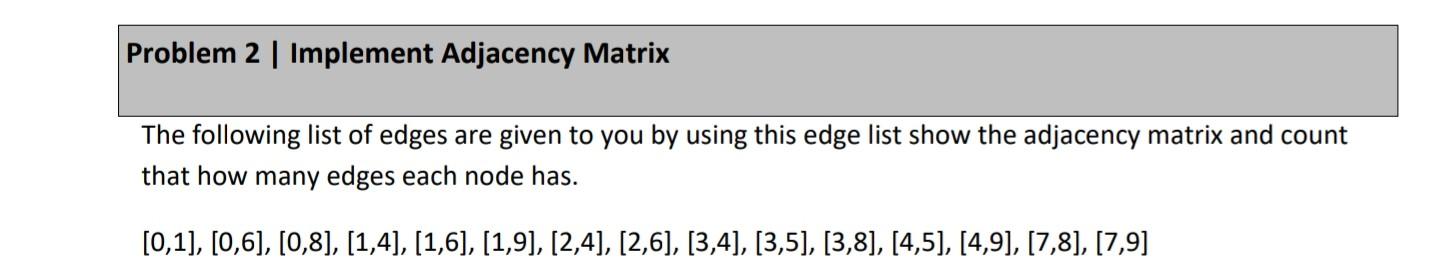 c++ Problem 2 | Implement Adjacency Matrix The following list of edges