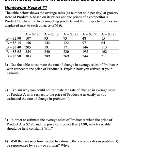  Homework Packet #1 The table below shows the average sales (as