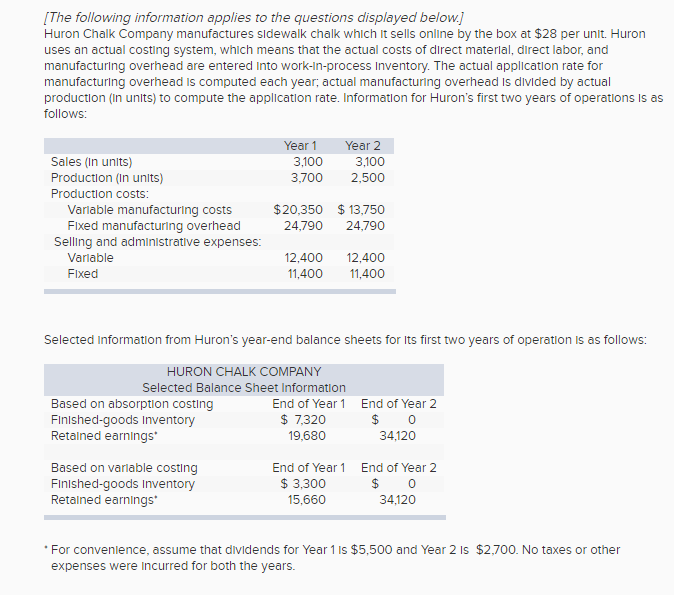  Reconcile Hurons operating income reported under absorption and variable costing, during