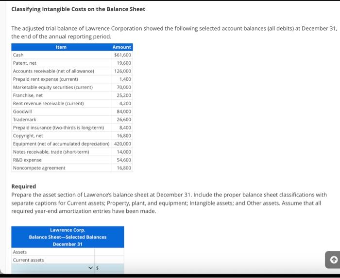 Please answer? Classifying Intangible Costs on the Balance Sheet The adjusted trial