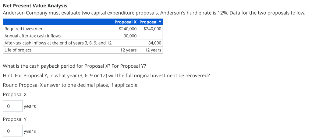  Net Present Value Analysis Anderson Company must evaluate two capital expenditure