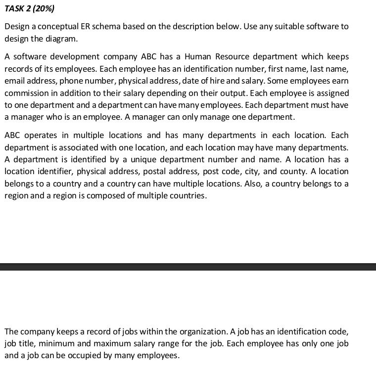  TASK 2(20%) Design a conceptual ER schema based on the description
