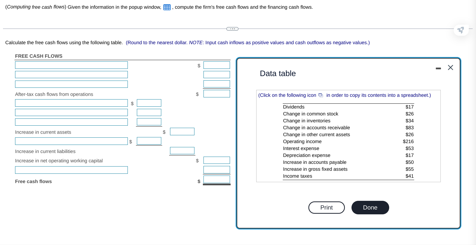  (Computing free cash flows) Given the information in the popup window,