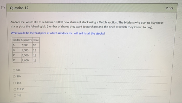  D Question 12 2 pts Amdocs Inc. would like to sell/issue