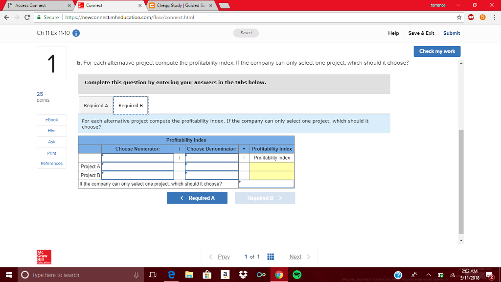 Exit Submit my work Exercise 11-10 NPV and profitability index LO P3