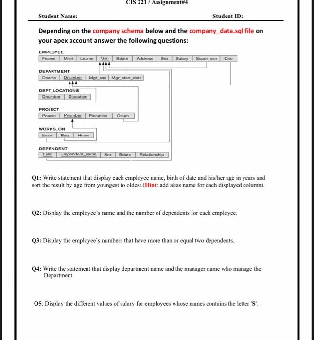  CIS 221 / Assignment#4 Student Name: Student ID: Depending on the
