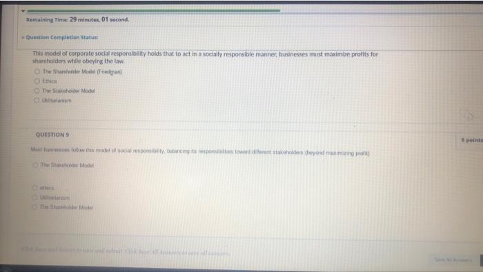  Remaining Time: 29 minutes, 01 second, Question completion Status This model