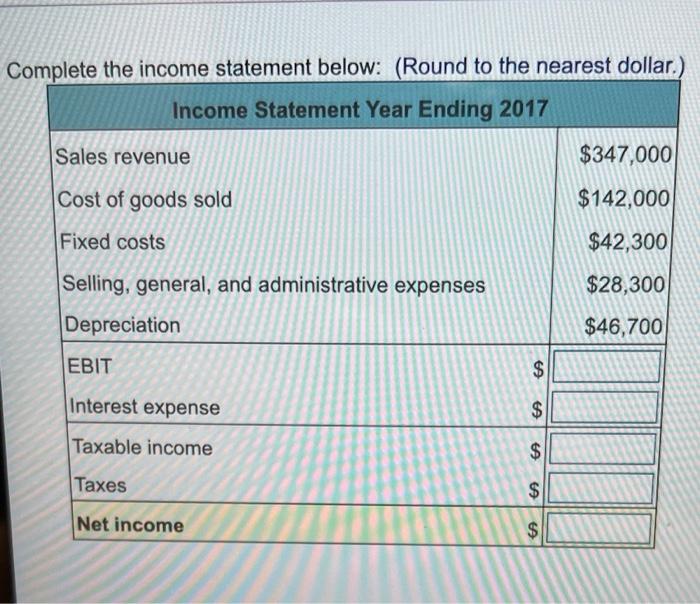  Complete the income statement below: (Round to the nearest dollar.) Income