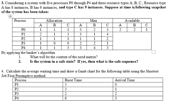  Considering a system with five processes P0 through P4 and three