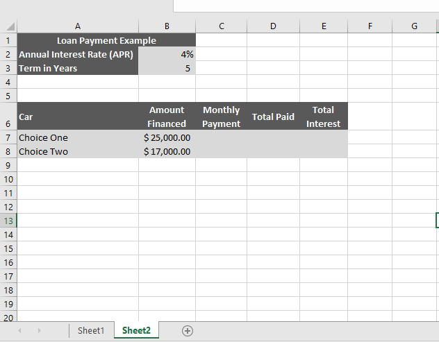  1. Go to Sheet2. In cell C7 type a PMT function