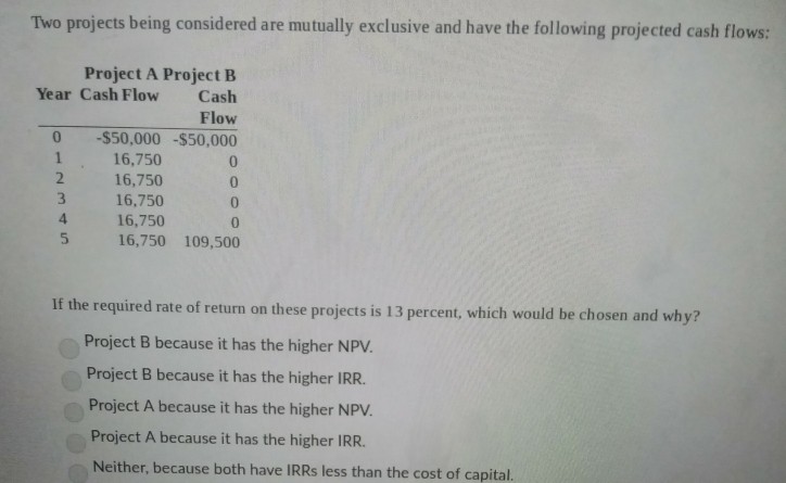 Two projects being considered are mutually exclusive and have the following