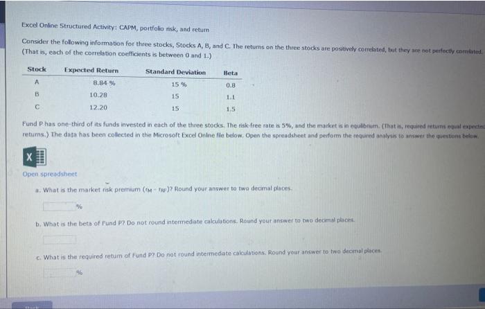  Excel Onine Structured Activity: CAPM, portfolio risk, and return (That is,