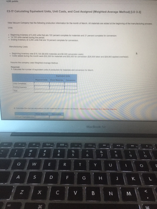  4.00 points E3-17 Calculating Equivalent Units, Unit Costs, and Cost Assigned