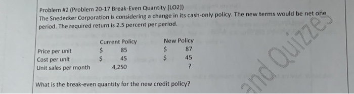  Problem #2 (Problem 20-17 Break-Even Quantity (LO2]) The Snedecker Corporation is