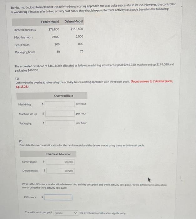 Bonita, Inc. decided to implement the activity-based costing approach and was quite