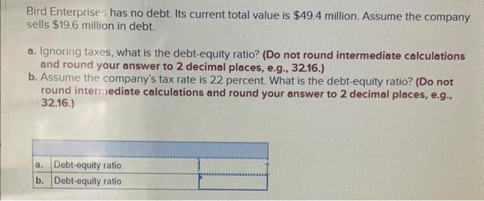  Bird Enterprises has no debt. Its current total value is $49.4