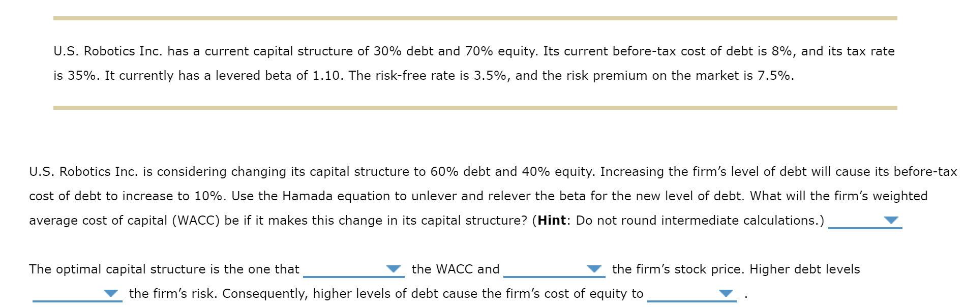  U.S. Robotics Inc. has a current capital structure of 30% debt