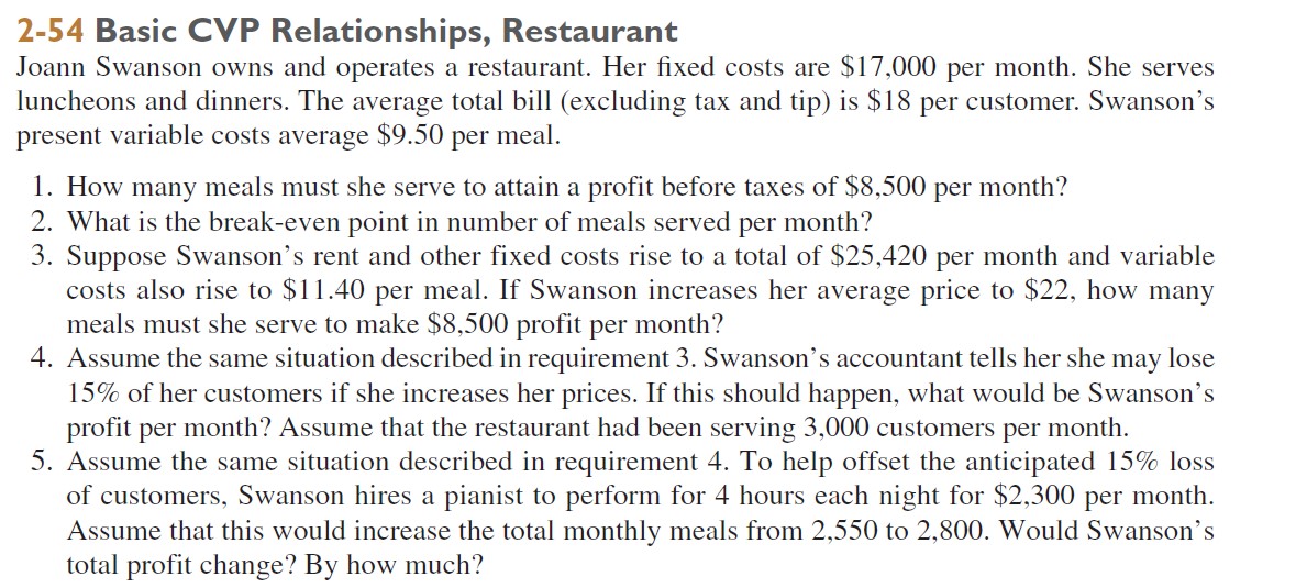  2-54 Basic CVP Relationships, Restaurant Joann Swanson owns and operates a