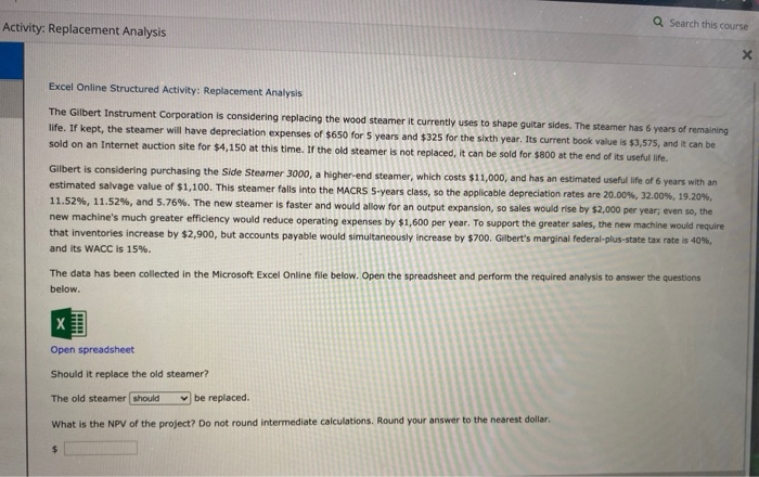  Activity: Replacement Analysis Q Search this course X Excel Online Structured