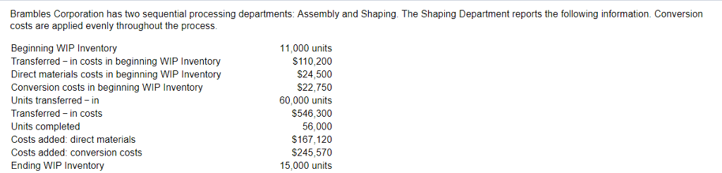 1) 2) Brambles Corporation has two sequential processing departments: Assembly and Shaping.