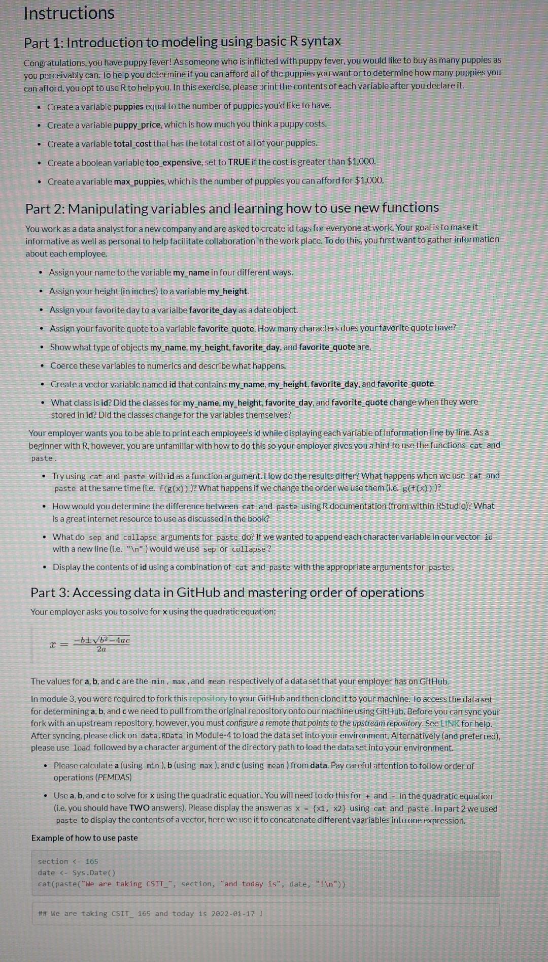 R Programmer requirements Instructions Part 1: Introduction to modeling using basic R