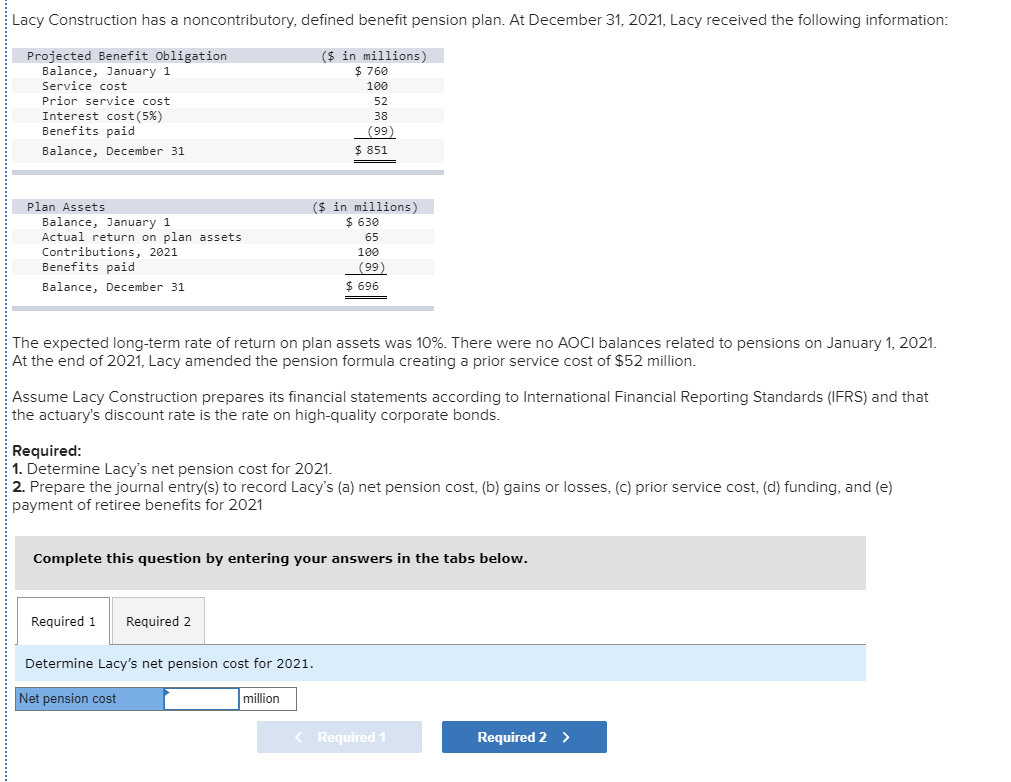 Lacy Construction has a noncontributory, defined benefit pension plan. At December