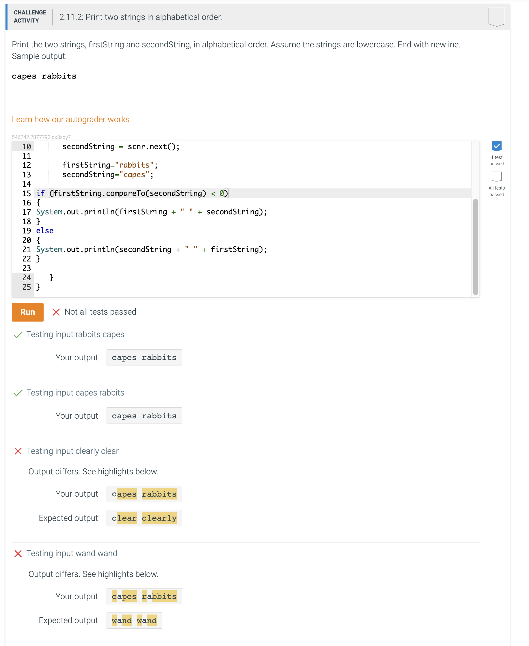  2.11.2: Print two strings in alphabetical order. Print the two strings,