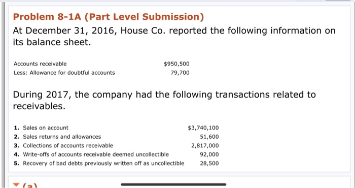  Problem 8-1A (Part Level Submission) At December 31, 2016, House Co.