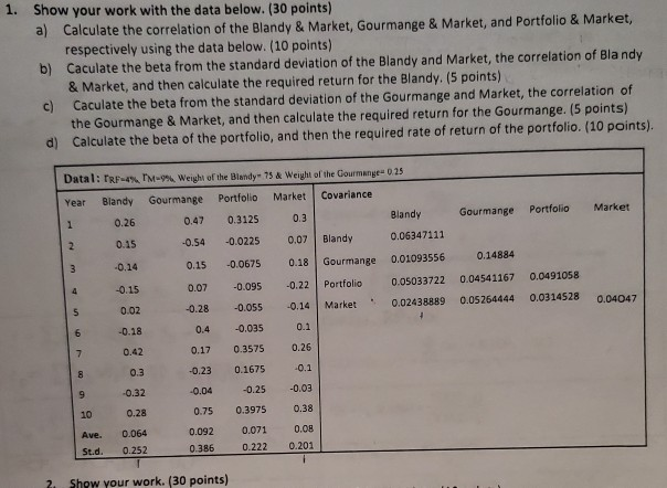  please show work 1. Show your work with the data below.