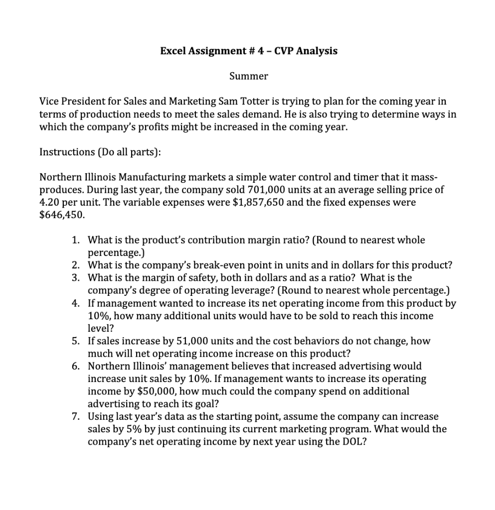  Excel Assignment # 4 - CVP Analysis Summer Vice President for